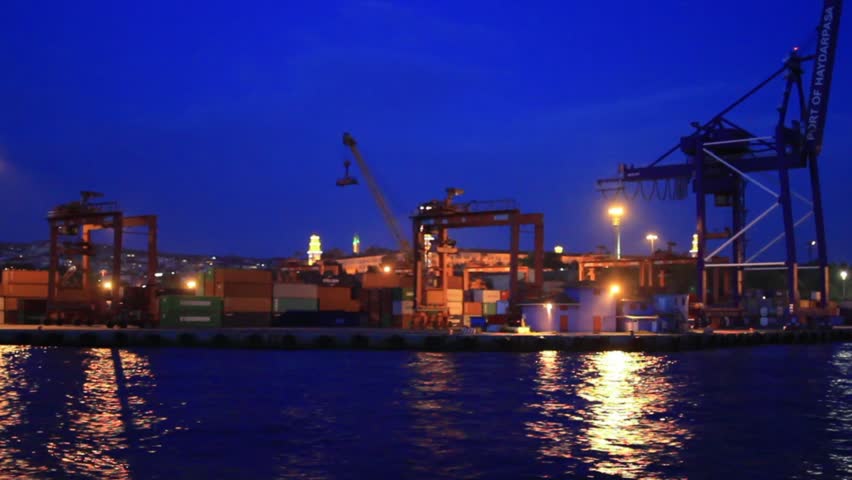 ISTANBUL - SEP 30: Container port shot from the water side on night, September