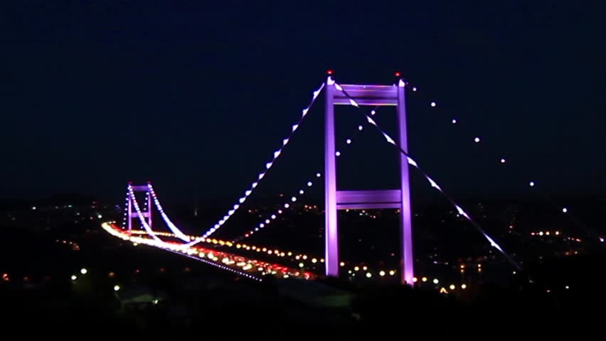  bridge at night. Zoom in to suspended bridge.
