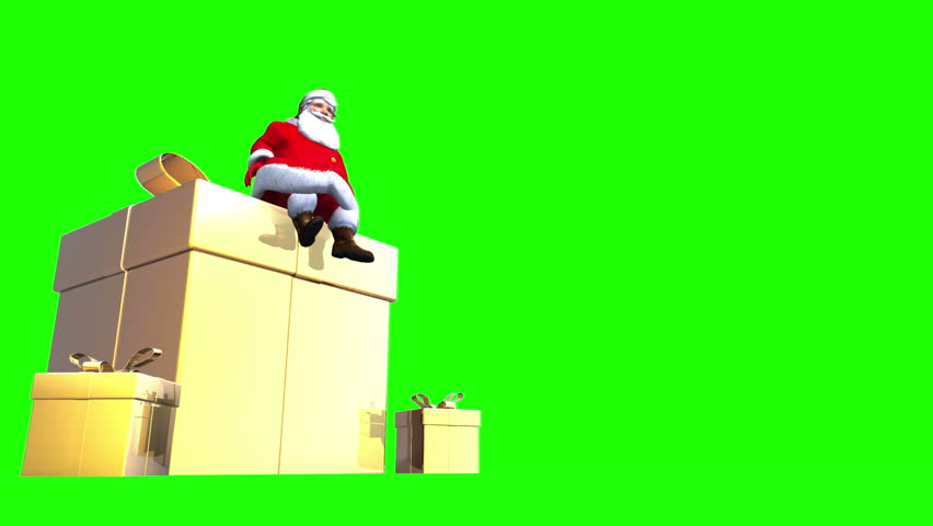 Santa Claus sits on top of a giant Golden present box. Against Green 