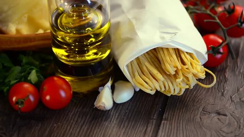 Pasta. Italian Homemade Spaghetti with truffles mushroom, cherry tomato, Parmesan cheese, basil and olive oil. Cooking Pasta. Dinner. Mediterranean cuisine. 360 rotation food