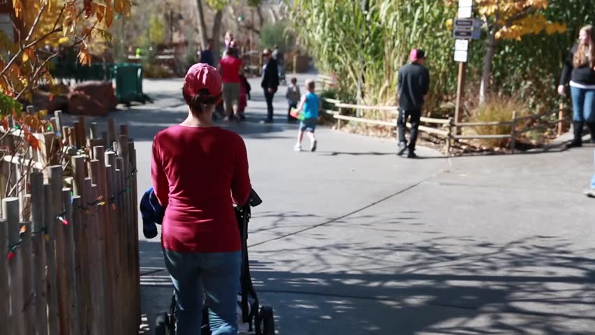 A mom and her baby boy in a stroller at the zoo
