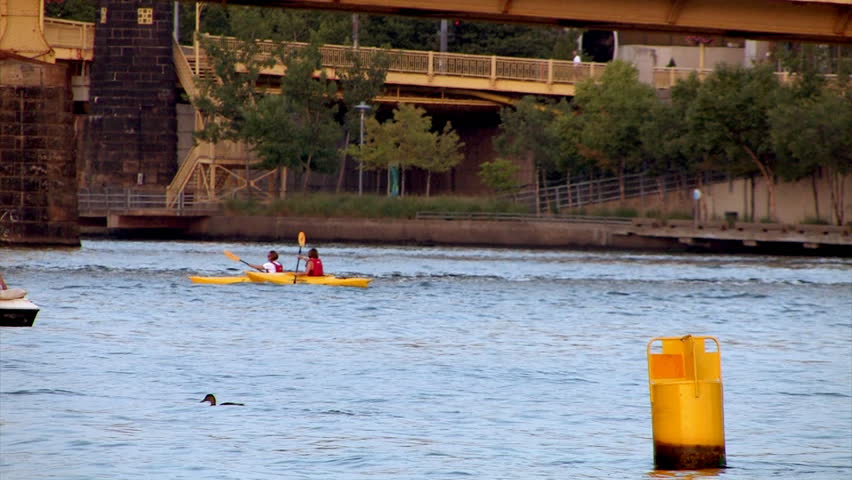 Kayakers on the Allegheny River in Pittsburgh, PA.