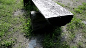Old wooden park bench that is vacant and somehow looking quite old with little grass sprouting on the ground.