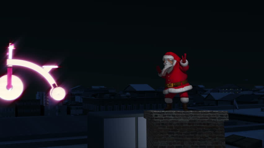Santa dances on chimney with toys. Loopable.