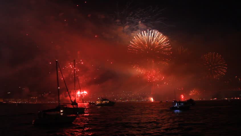 Fireworks set the sea of Bosphorus on fire. Istanbul celebrates to Anniversary