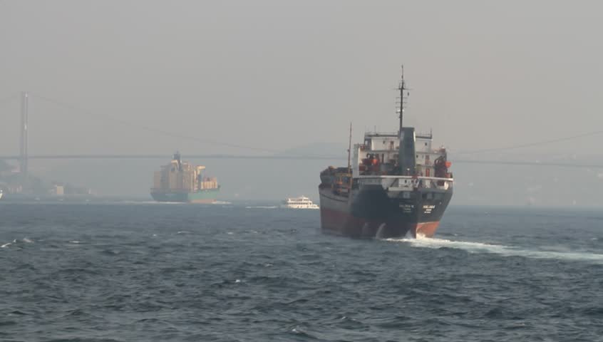 Sea traffic with cargo ships.
