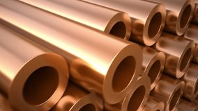 Set of copper pipes and tubes. Loop motion 3d animation for industrial  video background