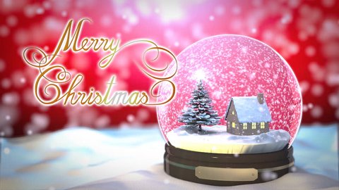 Merry Christmas gift snow globe Snowflake tree and house light from inside. close-up zoom out to snow floor and snowfall red background. 3d rendering