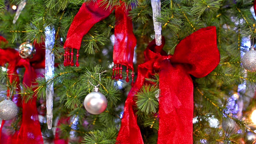 Christmas Balls, Lights and Red Ribon on Christmas Tree loop