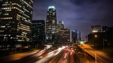 Night traffic in LA city downtown
