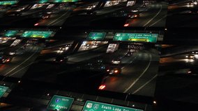 Traffic interstate i-5 freeway commute night San Francisco Los Angeles signs in Sacramento montage background key HD high definition stock video footage clip 1080 1920x1080