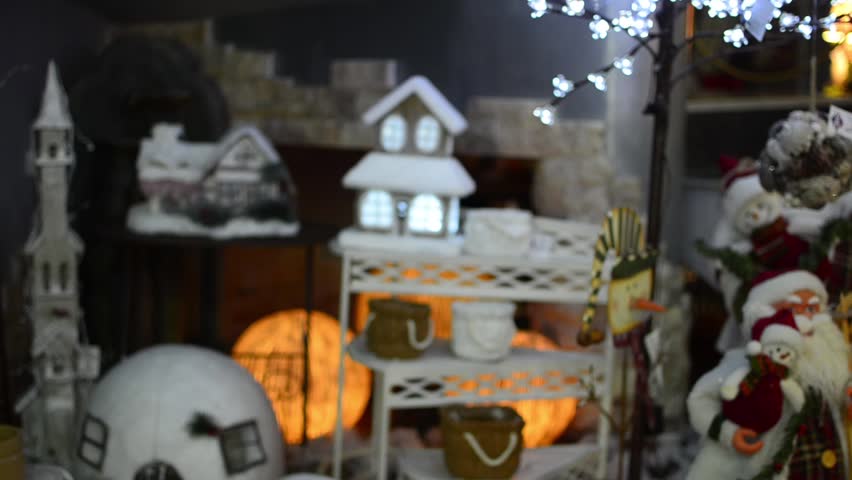 christmas scene stock video. dolly shoot of scene focused on house lights