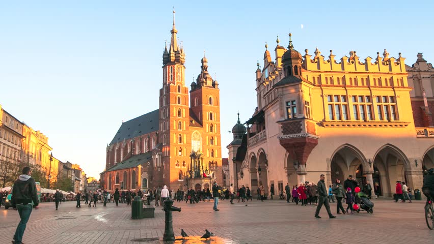 KRAKOW, POLAND - NOV 10: Timelapse: View of Mary's Church on the main square and