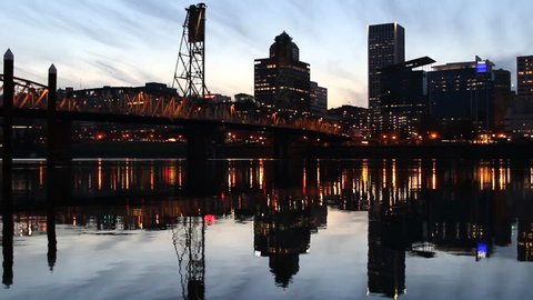 Portland Oregon Scenic View of Downtown City Skyline with Hawthorne Bridge across Willamette River Beautiful Water Reflection at Blue Hour 1920x1080