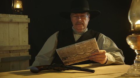 A cowboy from the American wild west era lowers his newspaper to reveal a sheriff badge then gets up and leaves with an annoyed espression.
