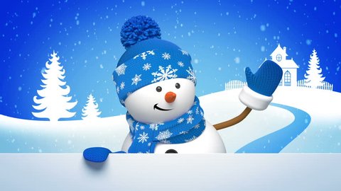 Christmas animated greeting card with funny snowman appears and waves hand. 3d cartoon character and winter landscape on blue background. Animation with alpha channel mask