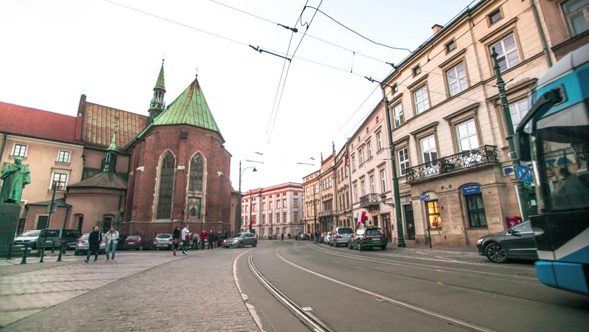 KRAKOW, POLAND - NOV 10: Timelapse: One of the streets in historical center of
