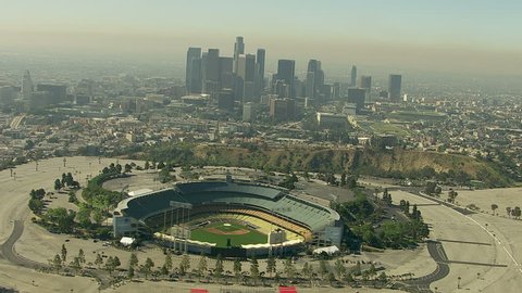 Los Angeles, California, USA - March 22, 2012: Aerial shot of Dodger stadium overlooking downtown Los Angeles
