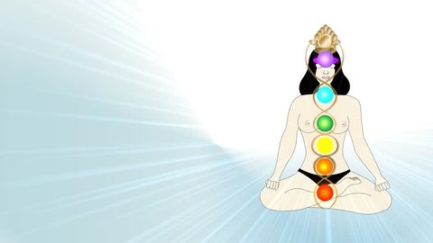 a woman sitting, one leg crossing the other leg, seven chakra on her body, light is going out from the woman