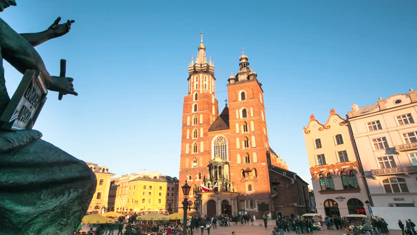 Timelapse: Mary's Church on the main square in historical center of Krakow,