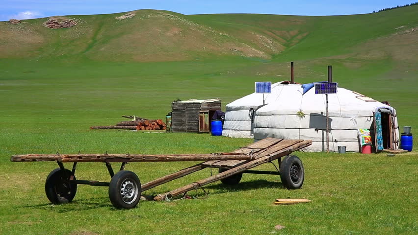 Mongolian ger camps with solar power, TV satellite and oxcart, Central Mongolia. Great contrast, modern and traditional lifestyle meeting each other