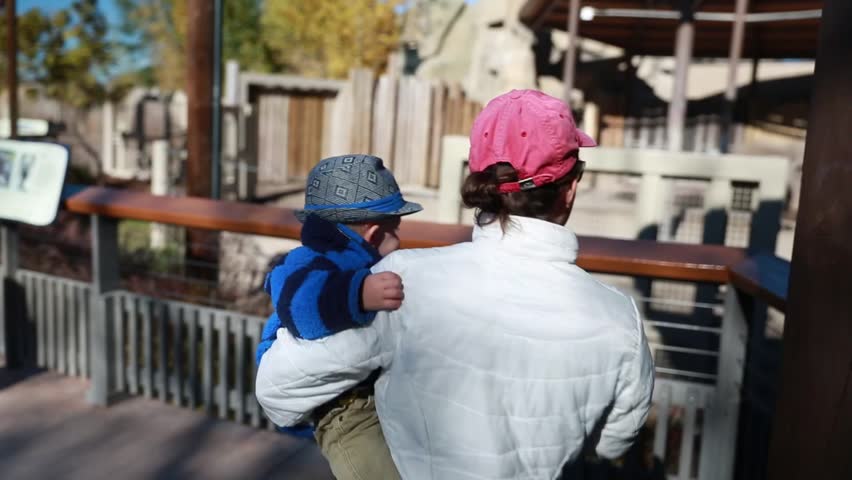 A baby boy and his mother watching the elephants at the zoo
