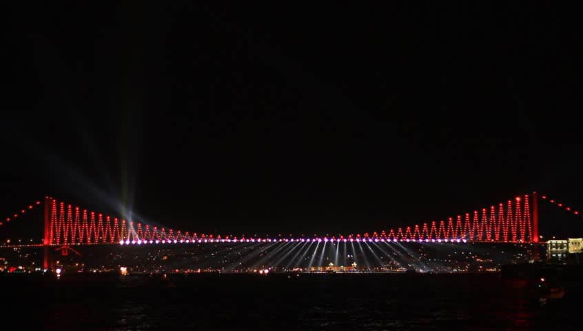 October 29 Bairam in Istanbul, Bosporus Bridge's spot lights.