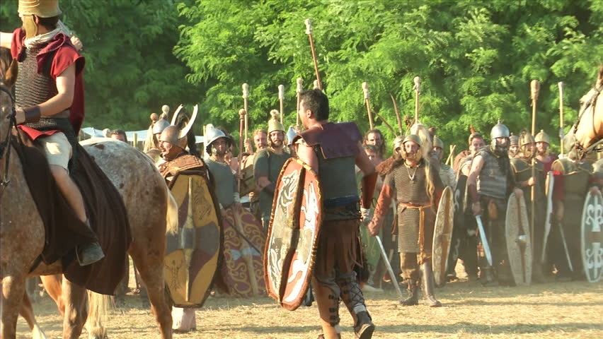 AQUILEIA - JUNE 23: Reenactment of the battle between gaulish and roman cavalry