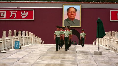 BEIJING, CHINA - JUNE 2013: View of Tiananmen Square, soldiers walking