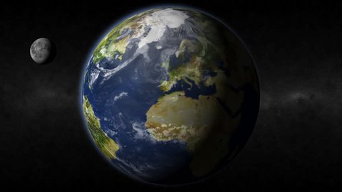 This 3D Earth Rendering is a full rotation around the earth, showing the moon and stars in full rotation