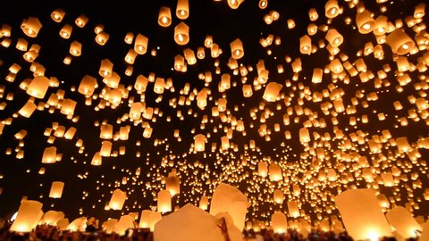 Loi Krathong Festival And Many Fire Lanterns Floating Of Chiang Mai Thailand (sound)