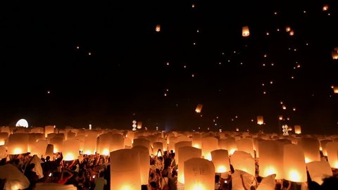 Floating lanterns in Yee Peng Festival, Loy Krathong celebration in Chiangmai, Thailand.