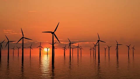Wind farm at sunset on sea - high definition footage.