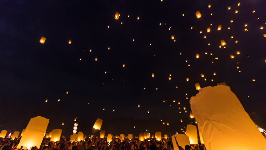 Time Lapse Many Fire Lanterns Floating In Famous Loi Krathong Festival Of Chiang