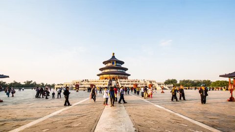 BEIJING, CHINA - CIRCA OCTOBER 2013: From day to dusk, the visitors in the Temple of Heaven, Beijing, China
