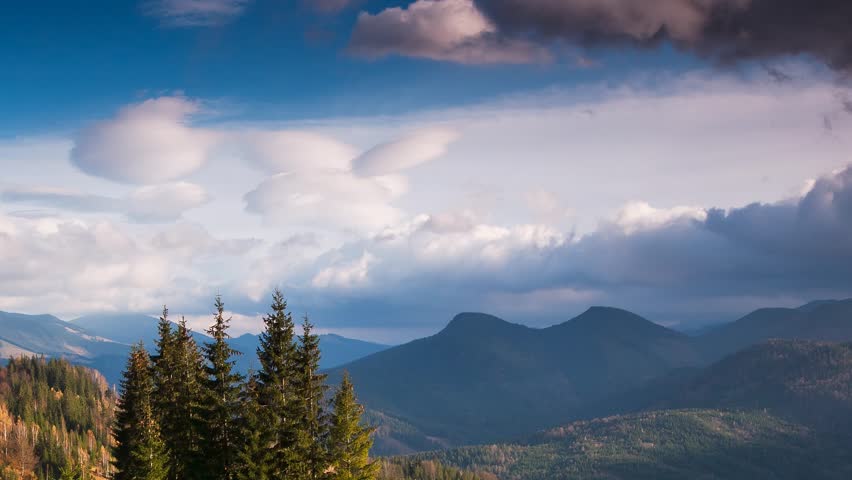 Time lapse clip. Fantastic mountain landscape. Overcast sky. Carpathian,