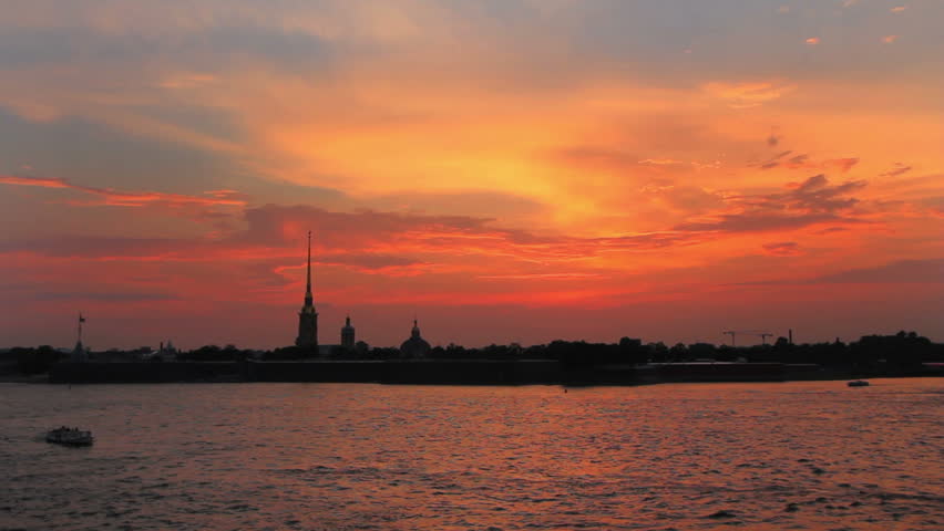 Sunset over Peter and Paul fortress in Saint-Petersburg Russia - timelapse
