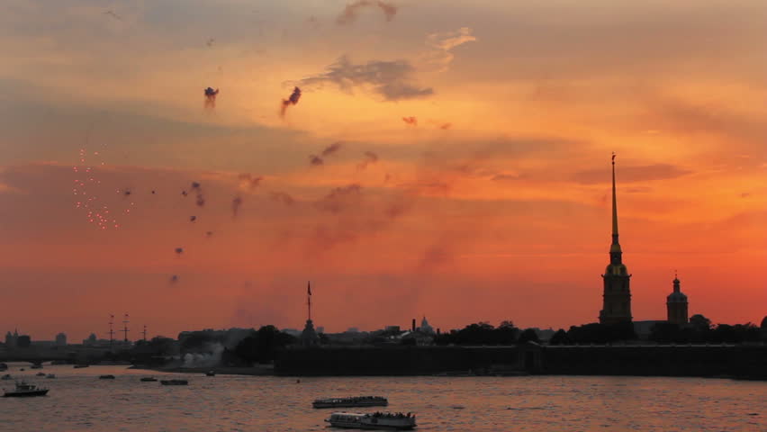 Firework at Sunset over Peter and Paul fortress in Saint-Petersburg Russia -
