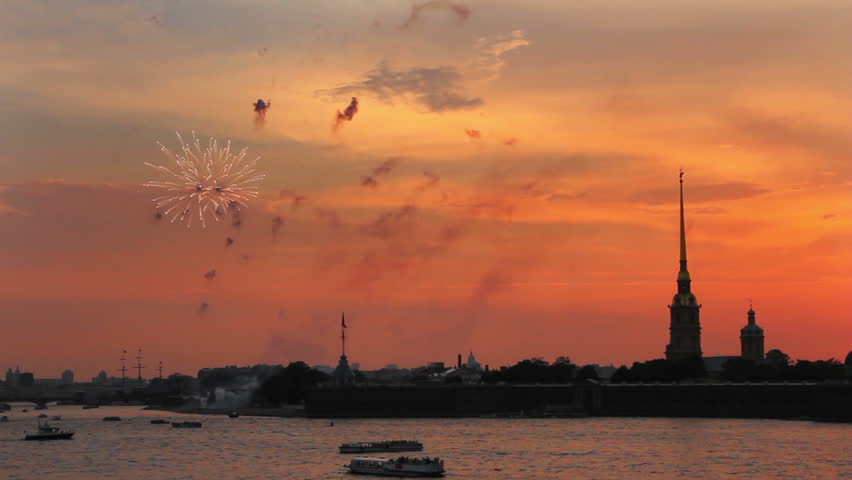 Firework at Sunset over Peter and Paul fortress in Saint-Petersburg Russia