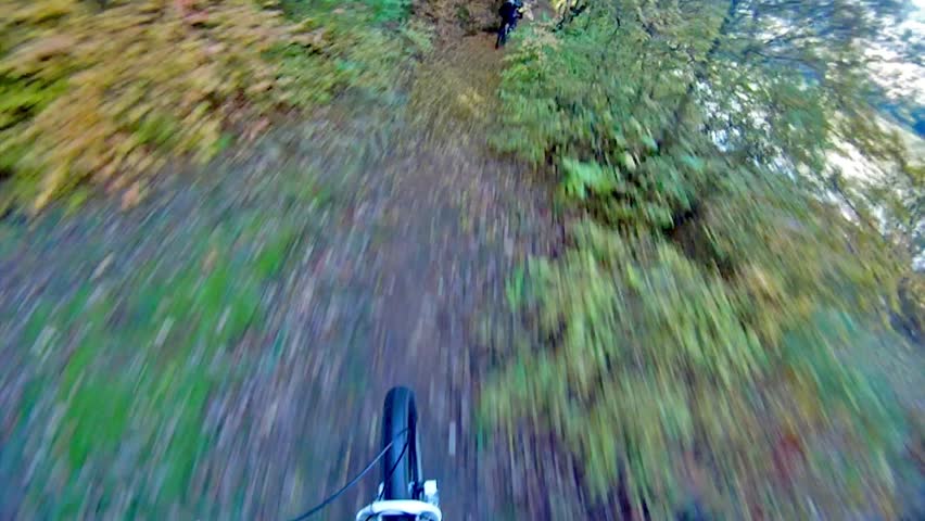 Extreme sport race, mount biker drive downhill deep in forest over autumn leafs.