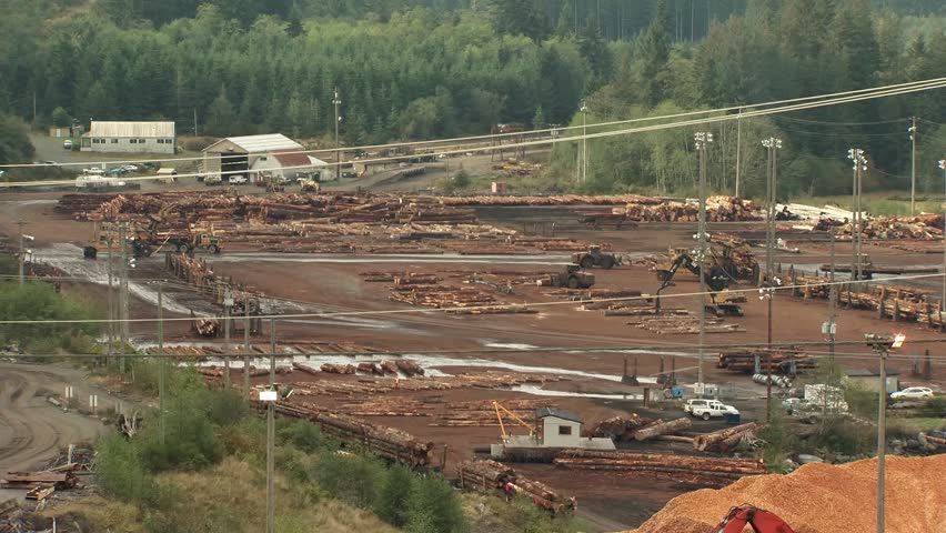 Time lapse of tractors at work in a British Columbian logging mill.