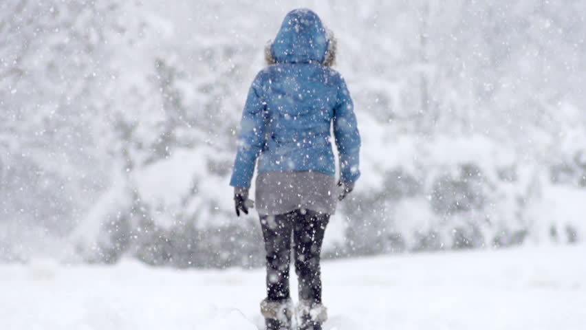 Slow Motion Rear View Of A Young Woman Walking Alone Through Snow Blizzard In