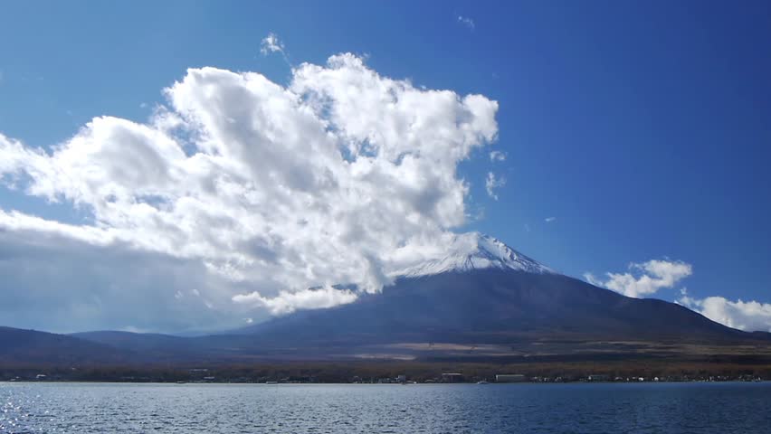 Mt.Fuji covered with cloud and Lake Yamanakako in Yamanashi, Japan.
