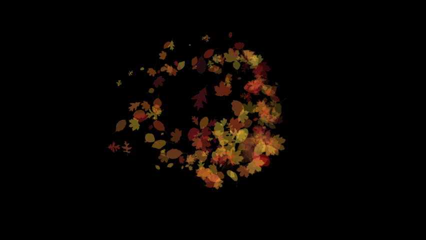 Swirling animation of autumn leaf shapes in stylized colors spiraling outwards
