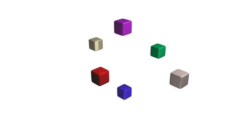 A group of different colored cubes loop around each other in graceful motion.