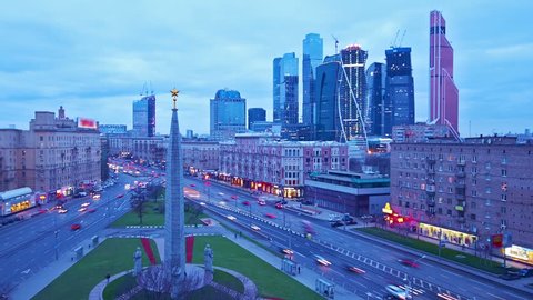 Day to night city view. Kutuzov avenue, Moscow, time-lapse.