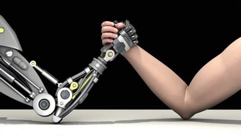 Arm wrestling. Man vs robot. Man wins. 3D animation.
