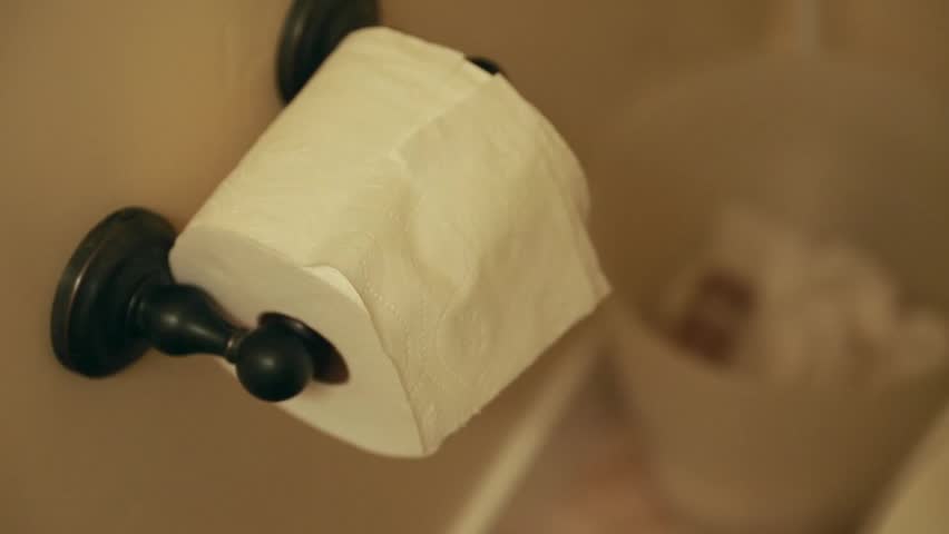 A hand grabs toilet paper from a toilette paper dispenser