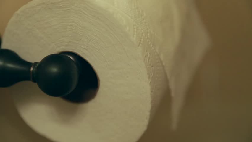 A hand grabs toilet paper from a toilette paper dispenser