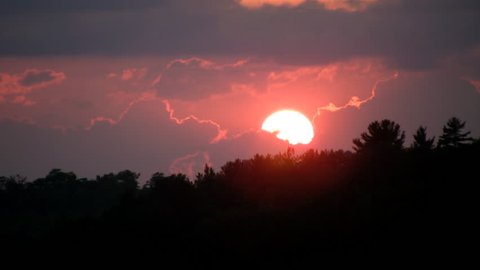 Pink sunset and dark trees. Timelapse. Sun goes down over treeline. Pink clouds. Ontario, Canada. 